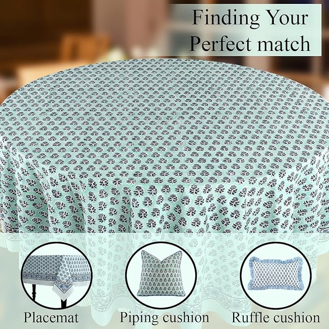 CPC Round Tablecloth- Cotton Indian Block Print Tablecloth -Handmade Printed Washable Cotton Table Cloth - Spring/Summer, Wedding Table Cover - Poppy Blue 90 Inches