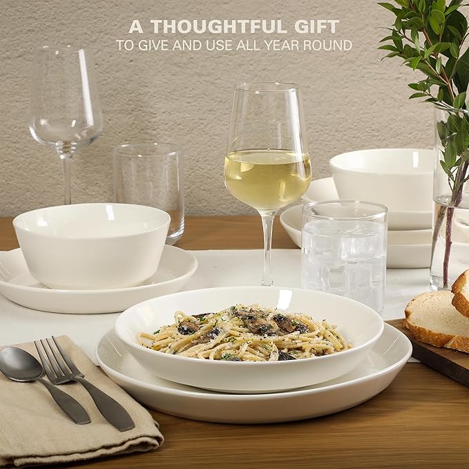 Gibson Home Summer Shades 16 Piece Plates and Bowls Dishes Service for 4 Porcelain Dinnerware Set - White