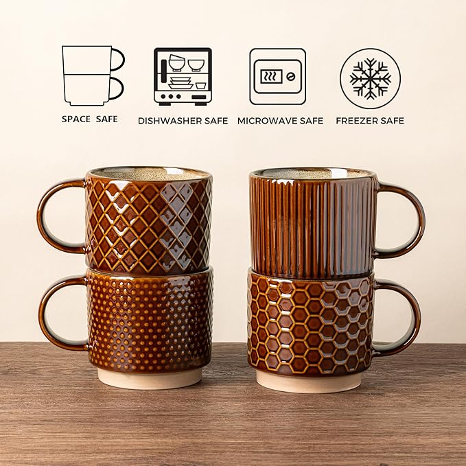GBhome 6OZ Stackable Coffee Mugs with Stand and Saucer, Ceramic Coffee Mugs Set of 4 with Texture Patterns for Man,Woman,Dad,Mom, Modern Coffee Cups for Latte/Espresso. Dishwasher&Microwave Safe