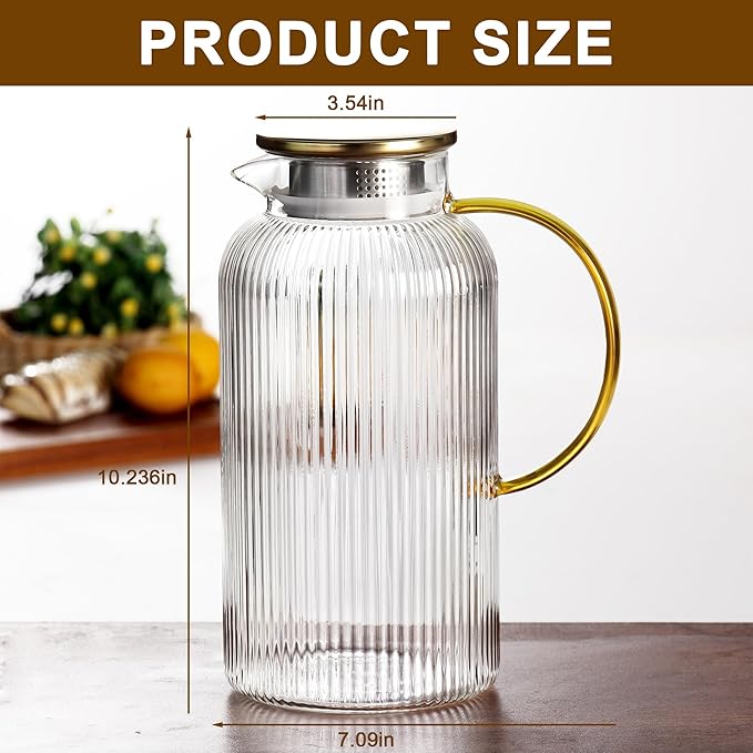 Glass Water Pitcher with Lids and Handles, Hot and Cold Water Bottles, Heat-Resistant Borosilicate Glass Water Jugs, Used for Cold Brewed Tea, Coffee, Lemonade, and Homemade Beverages(2.5L 2PCS)