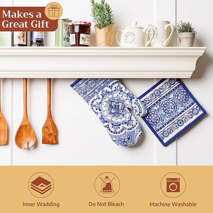Maison d' Hermine 100% Cotton Oven Mitt & Pot Holder Set (7.5"x13" & 8"x8") Heat Resistant BBQ Cooking Gloves with Loop, Baking, Grilling, Kitchen, Handling Hot Pans Spring/Summer (Melodie Bleue)