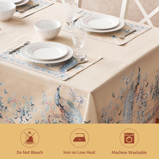 Maison d' Hermine Premium Table Cloth Rectangle Table 100% Combed Cotton 140 x 70 Inches Tablecloth Reusable Decorative for Dining Room, Home, Party, Festive & Wedding - Peacock Utopia - Sandy Beach