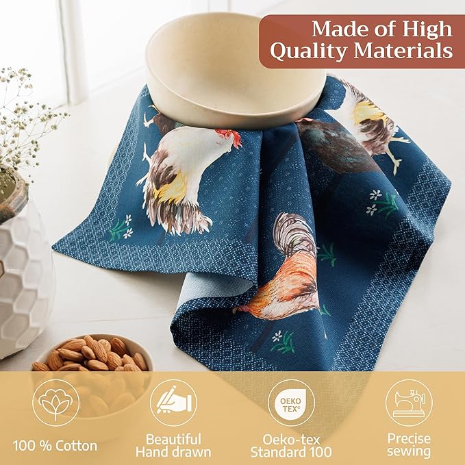 Maison d' Hermine Cloth Napkins Set of 4 100% Cotton Everyday Reusable Square Napkins Cloth Washable Dinner Party Wedding Restaurant Valentines Day Decorations Spring/Summer(Meadow Rooster, 18" x 18")