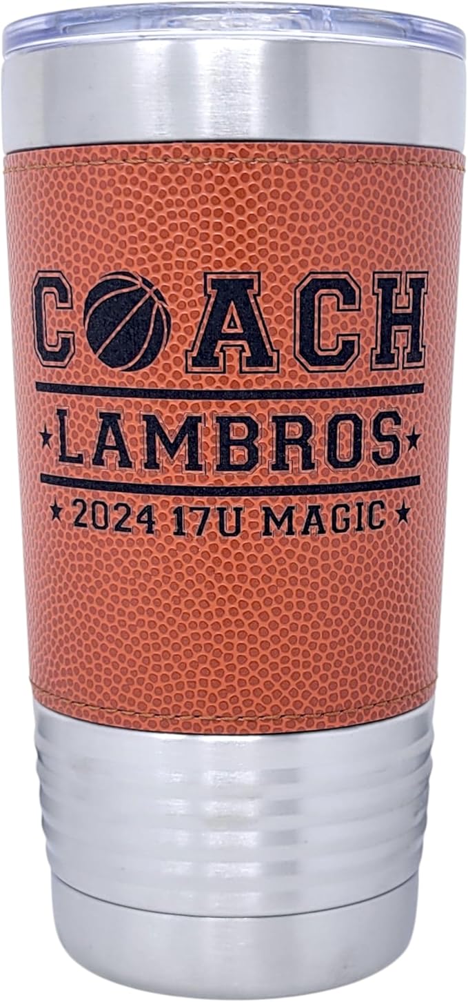Personalized Basketball Drink Tumbler! Insulated Leatherette Travel Mug with real leather texture, Personalized Basketball Gift, 20oz