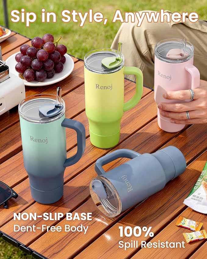 Renoj Tumbler with Handle 100% Spill Resistant Insulated Water Bottle for Iced Coffee & Hot Drinks - Fits Car Cup Holder, Ideal Gift, 2 Straws & Silicone Boot BPA-Free - FlexSlide Navy Blue 40 oz