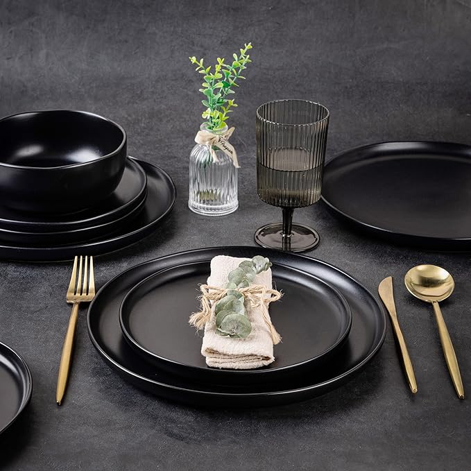 AmorArc Ceramic Dinnerware Sets, Wavy Rim Stoneware Plates and Bowls Sets,Dishwasher & Microwave & Oven Safe Dishes set, Service for 6 (18pc)-Matte Black