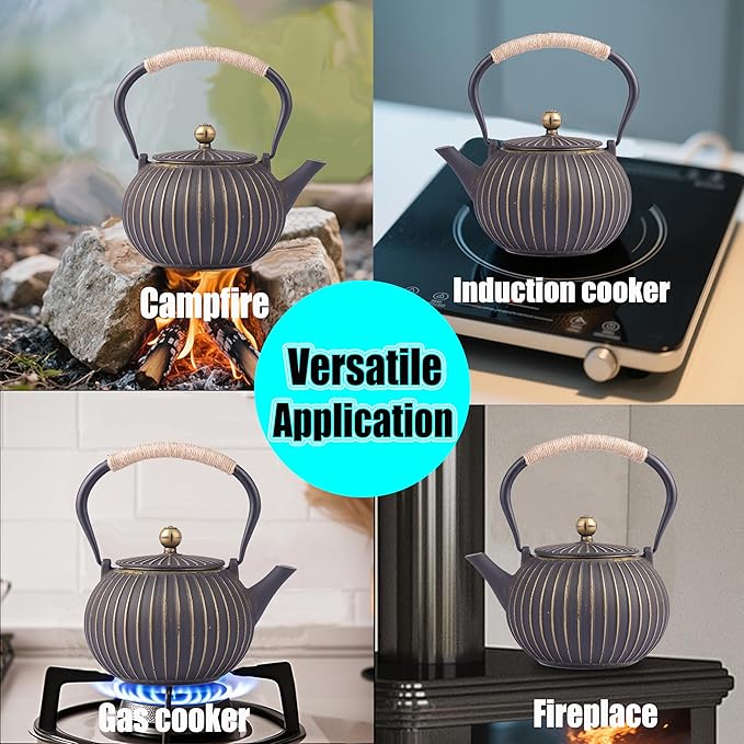 Japanese Tetsubin Cast Iron Teapot 40oz（1200ML) - Enamel Coated Interior & Removable Stainless Steel Infuser, Stovetop Safe Kettle for Tea Ceremony (Black Gold)