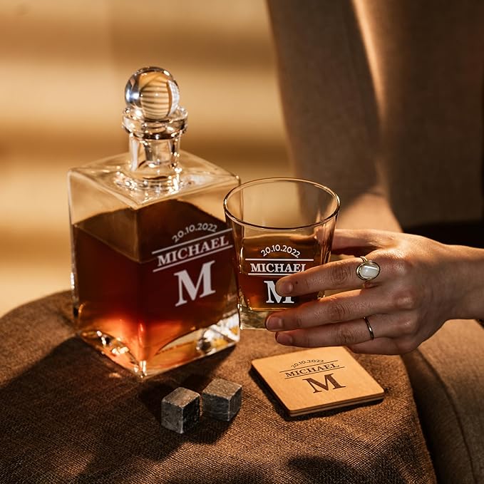 Personalized Whiskey Decanter (27 oz) & Glass Gift Set – Engraved 4 Bourbon Glass & 8 Stones & 4 Wooden Coaster with Wooden gift Box,Old Fashioned Cocktail Glass, Groomsmen & Father’s Day Gift