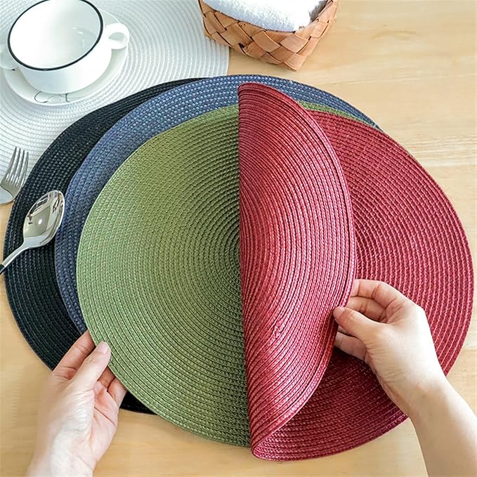 4PCS Round Woven Non-Slip Kitchen Placemat Non Slip Table Mat Kitchen Accessories Decoration Home Pad Coaster(Light Green)
