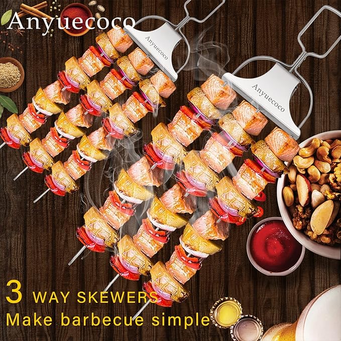 Skewers for kabobs,2 PCS 14-Inch 3 Way Kabob Skewers for Grilling,Stainless Steel Skewer,With Push Bar Reusable Metal Skewer,Kabob Sticks,Perfect For Meat,Chicken,Sausages,Veggies,shrimp