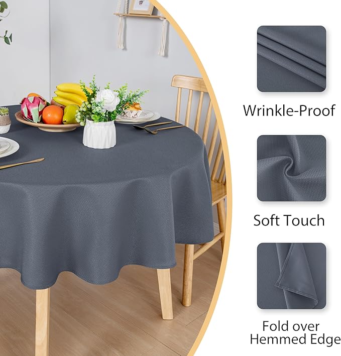 Hiasan Round Textured Tablecloth 60 Inch - Waterproof Spillproof Antiwrinkle Jacquard Table Cloth, Decorative Polyester Table Cover for Kitchen, Outdoor Picnic, Holiday and Parties, Dark Grey