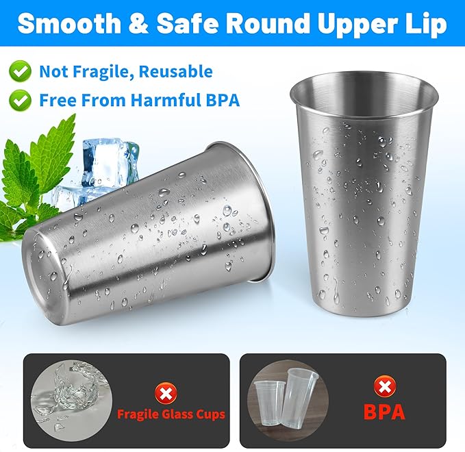 4Pack 16 oz Stainless Steel Pint Cups,Stainless Steel Cup,Pint Cup Tumbler，water Tumbler,Stackable,Reusable,BPA Free, (4)