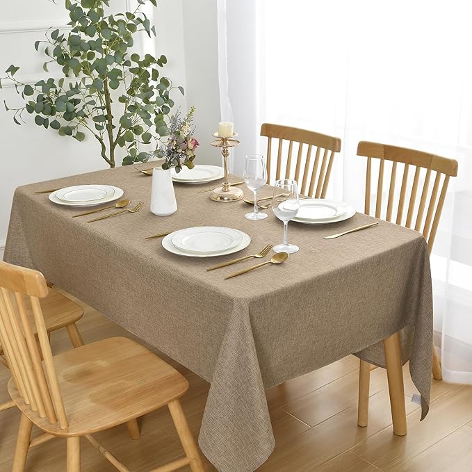 JIUZHEN Rectangle Table Cloth Faux Linen Farmhouse Tablecloth Wrinkle and Stain Resistant Decorative Fabric Table Cover for Kitchen, Dining Room, Parties and Camping, Khaki, 54 x 80 Inch