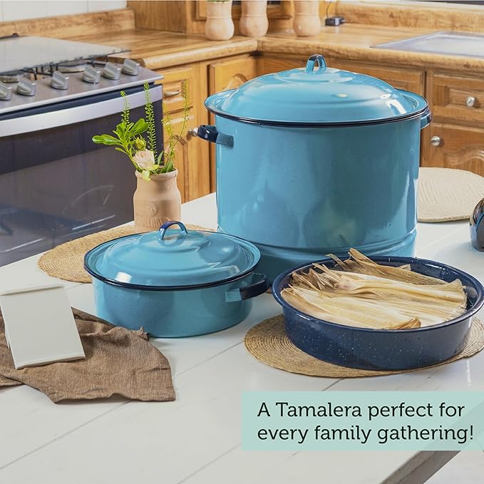 Cinsa 6-Piece Enameled Steel Cookware Set with Steamer, Dutch Oven, and Multi-Use Dish, Turquoise Blue