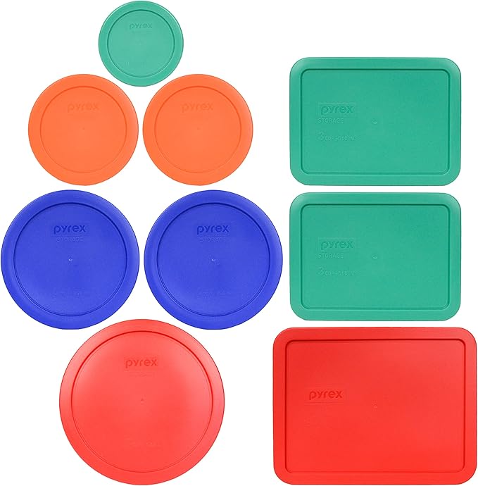 Pyrex (1) 7202-PC 1-Cup Green, (2) 7200-PC 2-Cup Orange, (2) 7201-PC 4-Cup Cadet Blue, (1) 7402-PC 6/7-Cup Red, (2) 7210-PC 3-Cup Light Green, (1) 7211-PC 6-Cup Red Lids - Made in USA