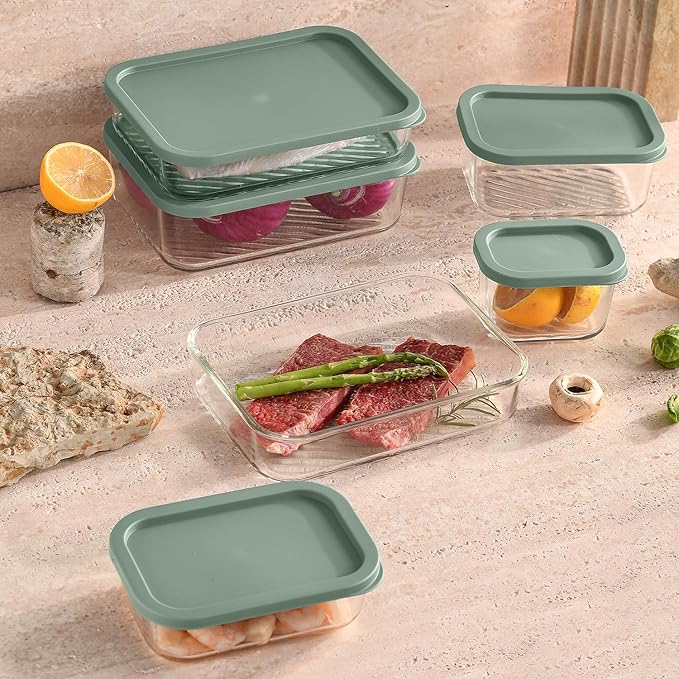 EATEX Grooved Base Glass Meal Prep Containers, 14 Pack Glass Storage Containers with Lids for Meal Prep & Lunch, Microwave Oven Freezer Dishwasher Safe, Anti Moisture Non-Stick Design - Sage Green