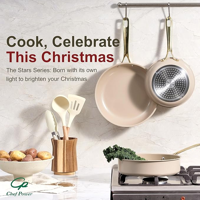 Chef Power Ceramic Frying Pan with Stainless Steel Handle 5Pcs Set, Non Stick Grill Pan Set, Dishwasher and Oven Safe, Taupe and Light Gold Handle