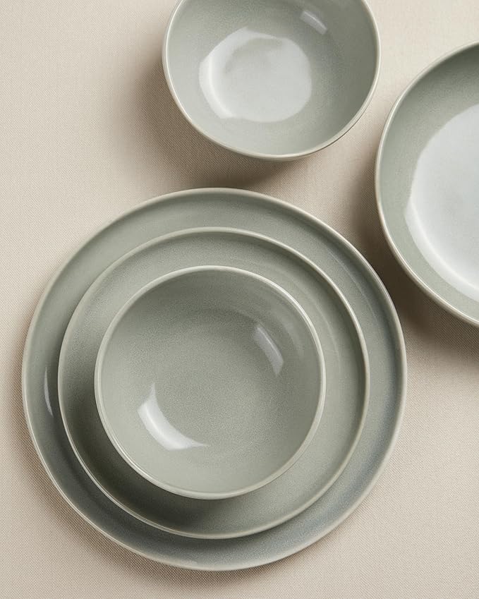Dinnerware Sets for Family of 6, Ceramic Plates and Bowls Set, Kitchen Dish Set, Microwave & Dishwasher Safe Dishware, Highly Durable Reactive Glazed Dinner Set, Gray Green