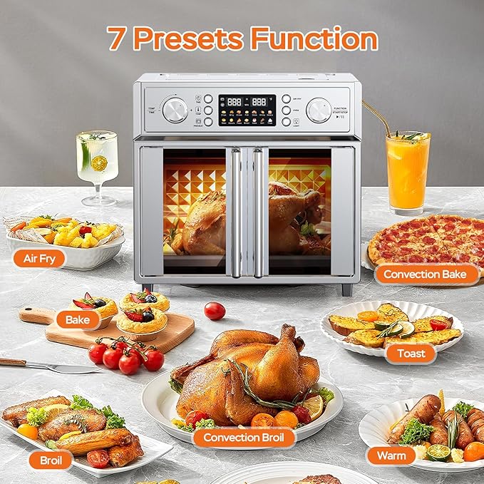 PlumChef 29.5QT Large Capacity French Double-Door Air Fryer Convection Toaster Oven, 1700W, 14 Preset Menus, 7-in-1 Multi-Function (Bake, Roast, Gril,Toast,Dehydrate&Defrost), Stainless Steel,silvery