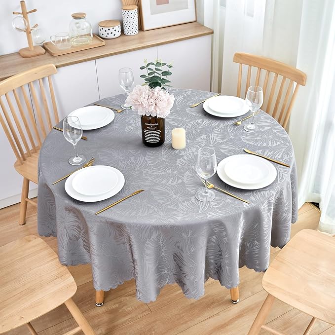 Round Tablecloth 80 Inch Fabric Table Cloth Leaves Pattern Scalloped Edge Silky Soft Tablecloth Waterproof Wrinkle Resistant Washable Table Cover Dinning Party Banquet Decoration (Grey)