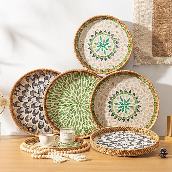 14 inch Round Rattan Tray Home Decor, Wicker Serving Tray with Mother of Pearl Inlay, Boho Decorative Tray for Coffee Table, Display, Ottoman, Kitchen Table, Bathroom (Green)