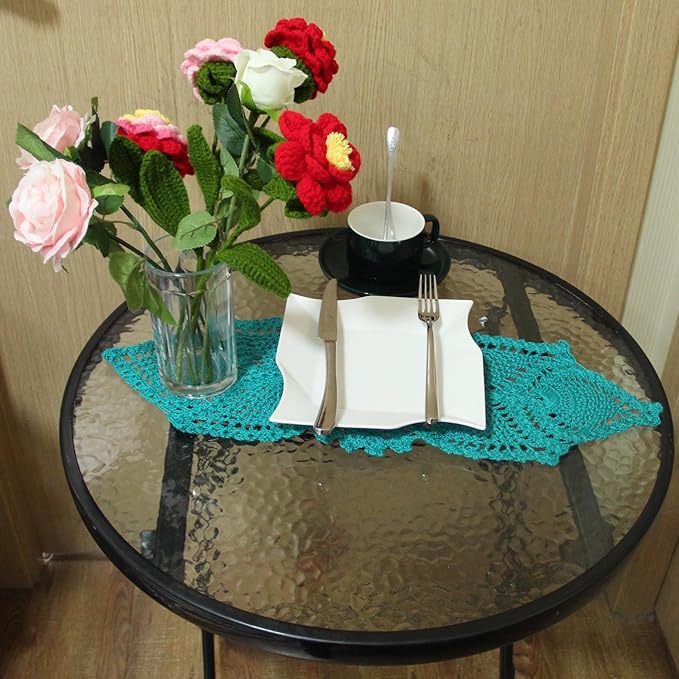 BIBITIME Crochet Lace Table Doilies Eyes Flower Doily Kitchen Vase Place Mats (7 in x 21 in,Pack of 2PCS, Style02-Peacock)