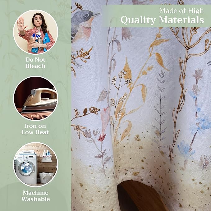 Maison d' Hermine Table Cloth Round Table 100% Cotton 69 Round Inches Tablecloth Reusable Decorative for Dining Room Farmhouse Home Valentines Day Decorations Spring Summer - Meadow Florals - Beige