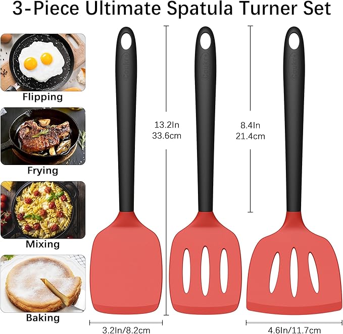 Coukre 3 Pack Silicone Spatula Set, High Heat Resistant, BPA-Free, Fish Spatula, Solid & Slotted Turner for Non-Stick Pans, Flipping Eggs, Pancakes, Fish, Burgers (3, Red)