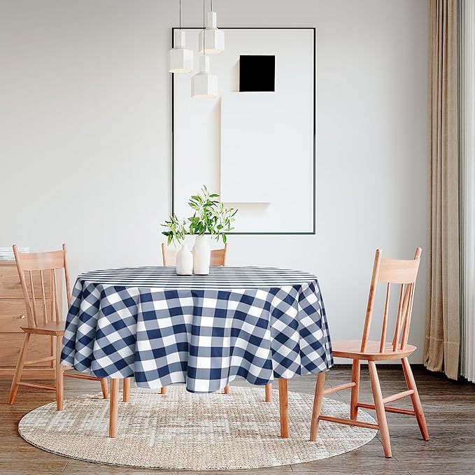 Hiasan Checkered Round Tablecloth 30 Inch - Waterproof Stain and Wrinkle Resistant Washable Fabric Table Cloth for Dining Room Party Outdoor Picnic, Navy Blue and White