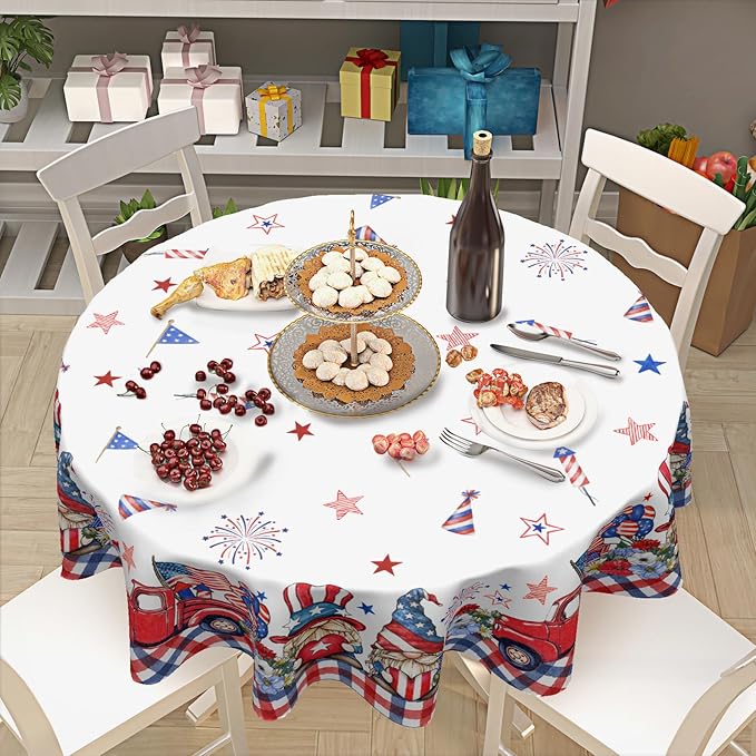4th of July Round Tablecloth 70 Inch Patriotic Truck Gnome American Flag Polyester Table Cloth Memorial Day Independence Day Table Cover Decoration for Kitchen Dinner Party