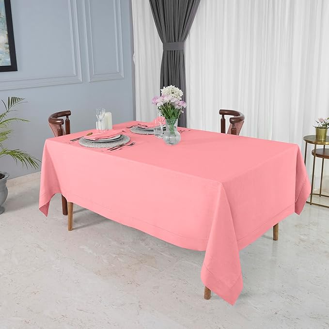 D'Moksha Homes Dusty Pink Linen Tablecloth 60 x 108 Inch - 100% Pure Linen Pink Table Cloth for Rectangle Tables - Classic Hemstitch, Machine Washable Tablecloth for Valentines, Spring, Easter