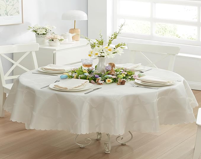 Newbridge Ribbons and Bows Damask Spring & Easter Holiday Fabric Tablecloth, Ivory, 60 x 84 Inch Oval, Wrinkle & Stain Resistant Table Cover
