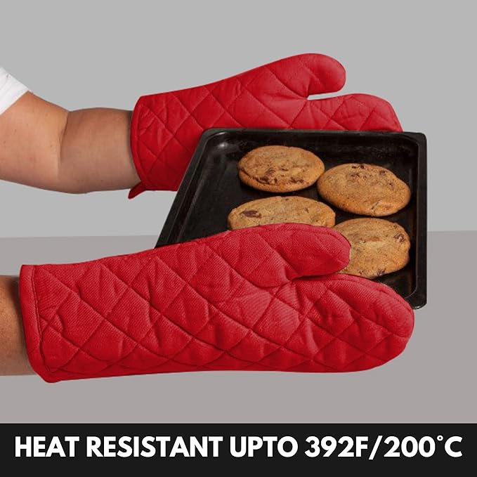 Oven Mitt + Pot Holder 100% Cotton Heat Resistant Kitchen Oven Gloves (7"x13") & Hot Pads (8"x8") for Gifts, Chef, Women & Men - Red