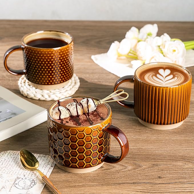 GBhome 12 OZ Stackable Coffee Mugs Set of 6, Ceramic Coffee Cups with Texture Patterns for Man,Woman,Dad,Mom, Modern Coffee Cups for Latte/Cappuccino/Cocoa. Dishwasher&Microwave Safe,Caramel