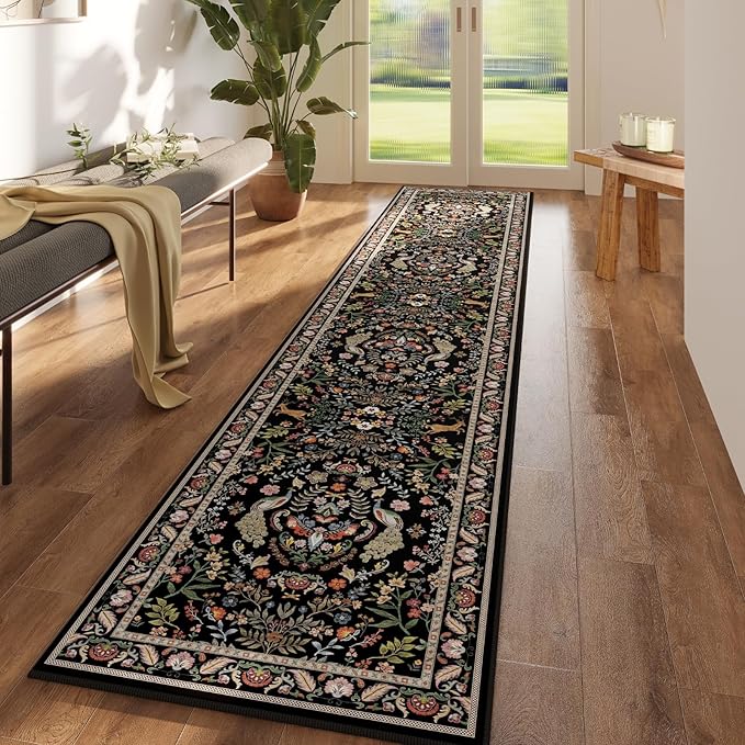 Runner Rug Washable Kitchen Runner 2'x10' Rug Floral Non-Slip for Entryway Indoor Soft Carpet for Hallways, Kitchen, Laundry, Bedroom, Bathroom (Vibrant Black)