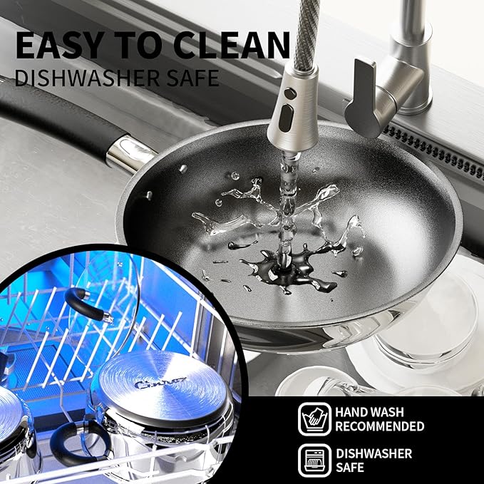 Pots and Pans Set Non Stick, Stainless Steel Cookware Set of 6, Frying Pans, 5 Ply Base Dishwasher Safe