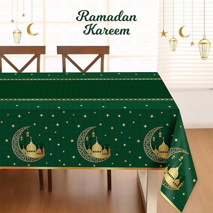 Childom 3 Pack Ramadan Mubarak Tablecloths for Eid Mubarak Decorations,54" x 108" Plastic Disposable Ramadan Kareem Table Cloth,Green Eid al-Fitr Table Covers for Rectangle Tables,Dinner,Party Favors