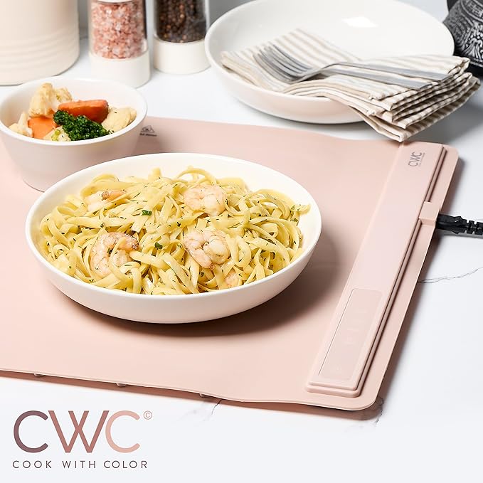 COOK WITH COLOR 350W Electric Food Warming Mat - Portable Food Warmer Tray with Adjustable Temperature, Fast 60-Second Heating, Auto Shut-Off, Rollable Silicone Pad for Parties & Everyday Use, Blush