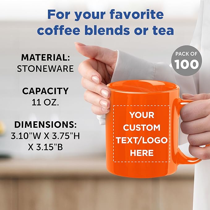 Custom Ceramic Coffee Mugs 11 oz. Set of 100, Personalized Bulk Pack - Coffee cup set, Iced coffee cup, Gaming mug - Orange