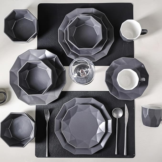 Stone + Lain Jamie Porcelain 16-Piece Geometric Dinnerware Set, Grey
