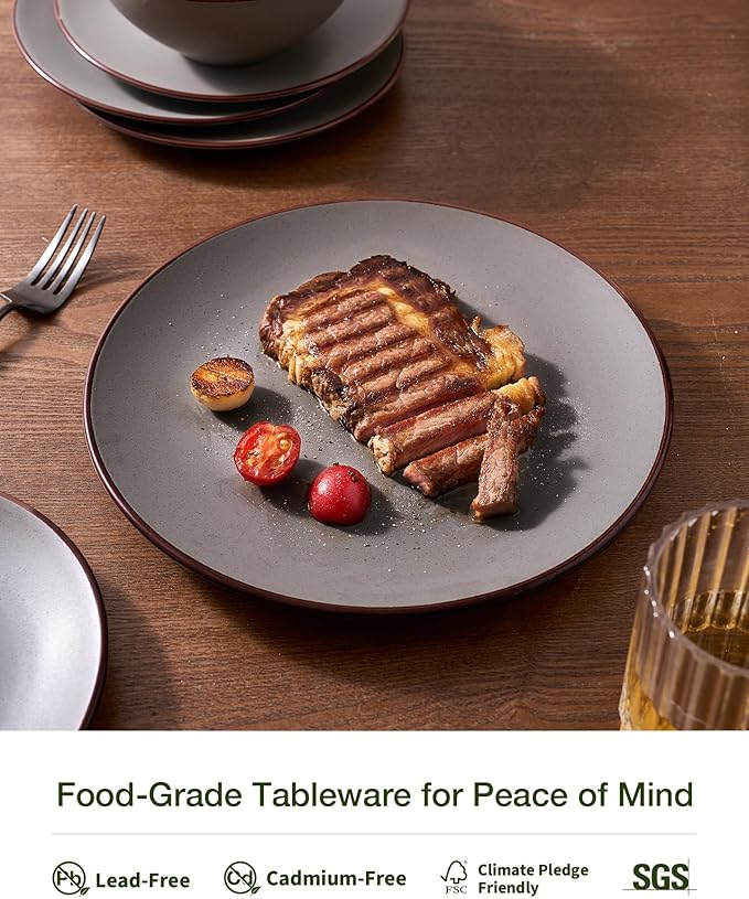Famiware Venus Speckled Dinnerware Set with Pasta Bowls, Service for 6 (24 Pieces), Stoneware Plates and Double Bowls Sets, Microwave & Dishwasher-Safe Dishes with Trim, Matte Dark Grey