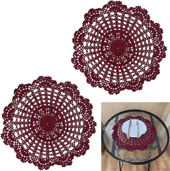BIBITIME 2 PCS 15 inches to 16 inches Doilies Kitchen Handmade Placemats Round Crochet Flower Cup Mug Mat Table Doily (Wine Red)