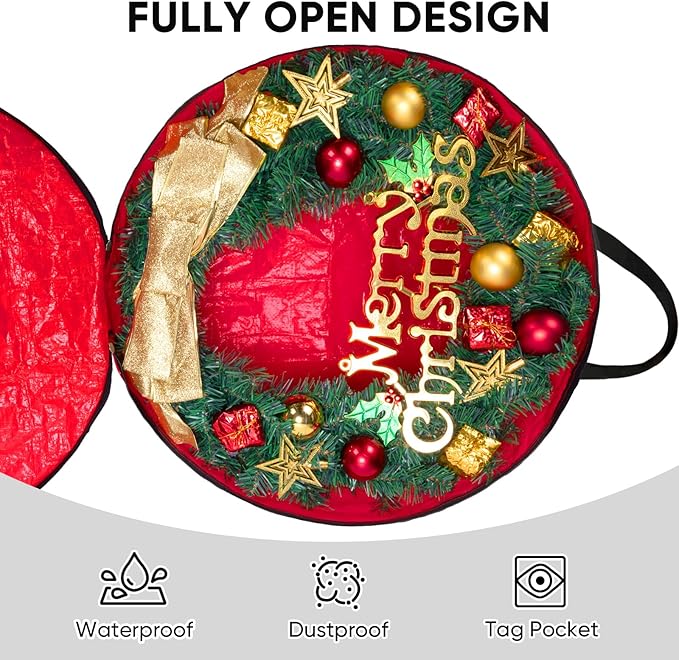 BALEINE Wreath Storage Container, 2 Pack Christmas Wreath Storage Bag with Tear Resistant PE Material and Reinforced Handle for Holiday Xmas (Green, 30"x8")