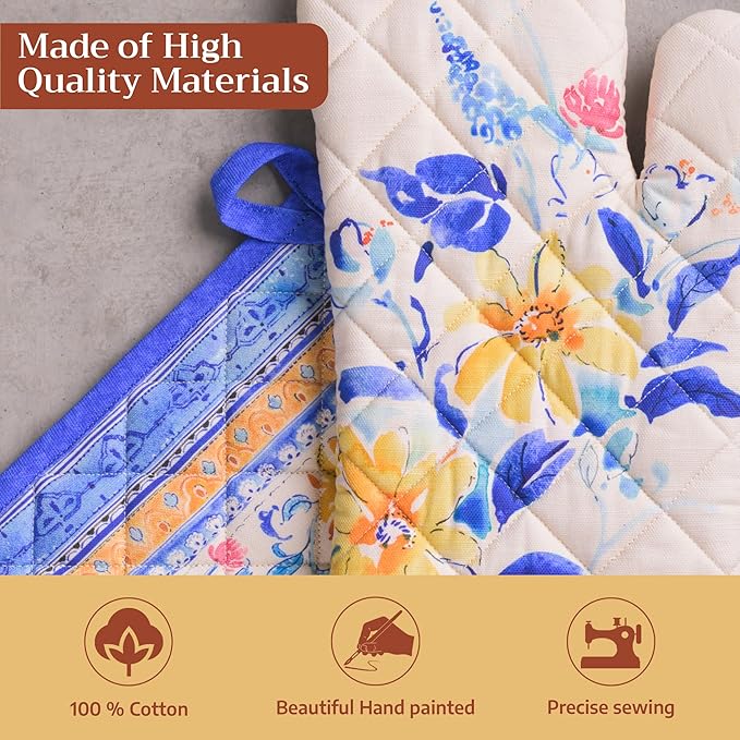 Maison d' Hermine 100% Cotton Oven Mitt & Pot Holder Set (7.5"x13" & 8"x8") Heat Resistant BBQ Cooking Gloves with Loop, Baking, Grilling, Kitchen, Handling Hot Pans Spring/Summer (Girassol)
