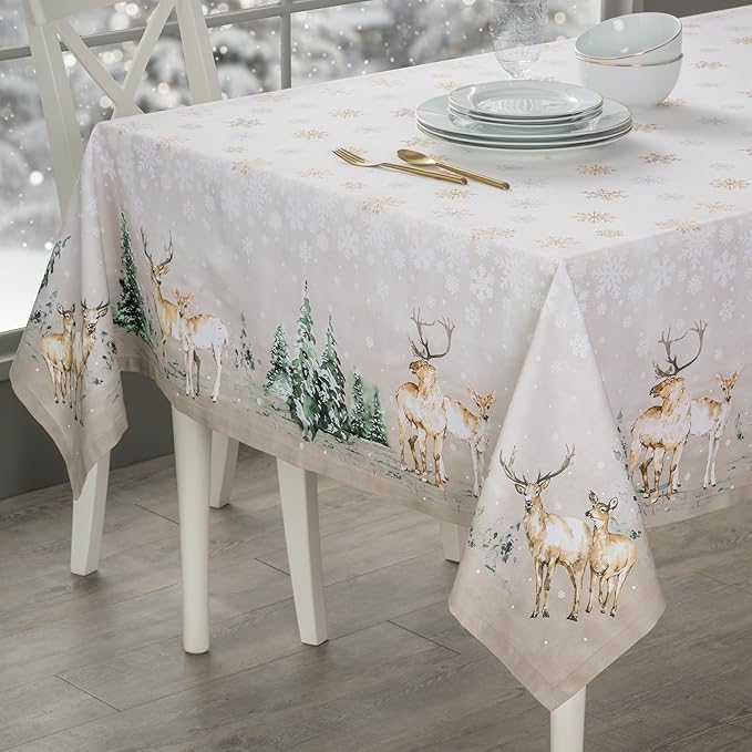 Maison d' Hermine Table Cloth Rectangle Table 100% Cotton 60 x 90 Inches Fall Tablecloth Reusable Everyday Use for Thanksgiving Christmas Decorations Dining Farmhouse Party (Deer in The Woods)