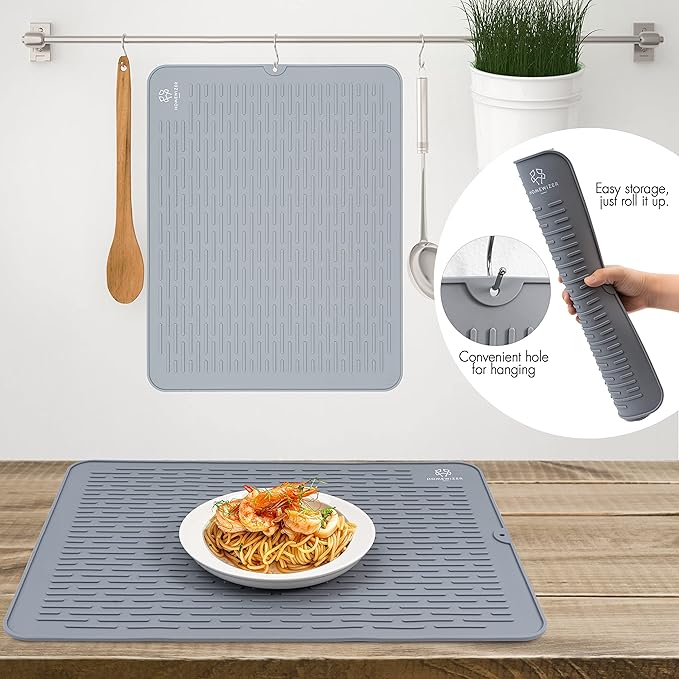 Silicone Dish Drying Mat for Kitchen Counter, Extra Large, 23” x 18” Heat Resistant, Non-Slip Design, Quick Dry, Easy Clean, Raised Edge Holds Water, BPA Free, Food Grade Silicone- Gray