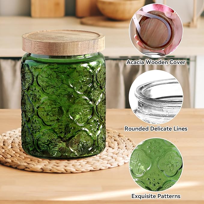 Vintage Glass Jar with Lid, Cookie Candy Jar Coffee Canister Food Storage Containers Set for Kitchen Office (Green Birchapple Flowers - Acacia)