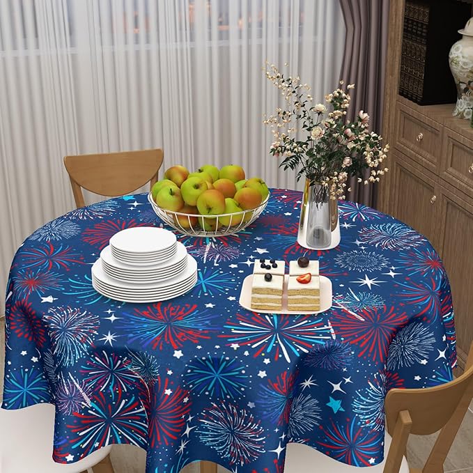 4th of July Round Tablecloth 60 Inch Patriotic Red and Blue Fireworks Polyester Table Cloth Independence Day Memorial Day Table Cover Decoration for Kitchen Dinner Party