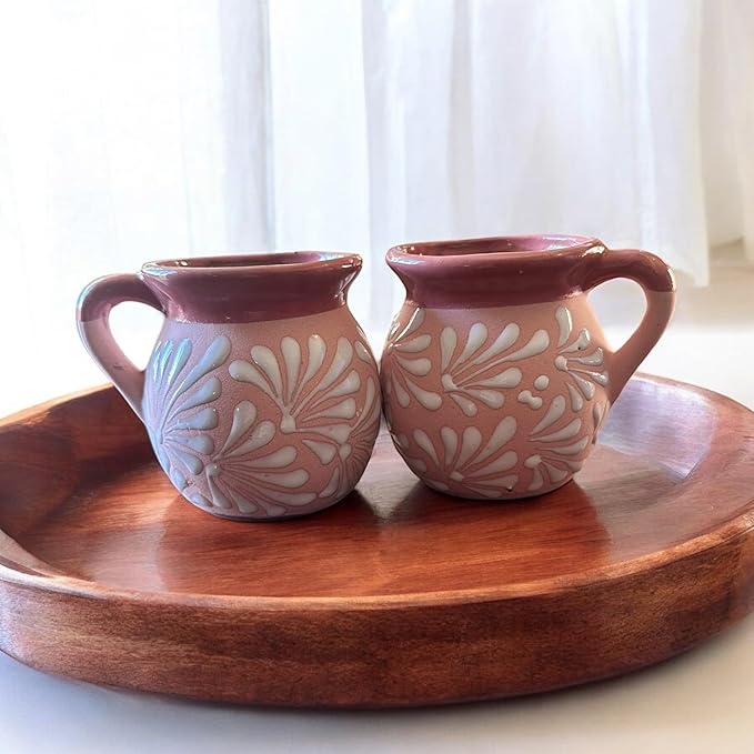 Set of 2 Mexican Pottery Mugs – Pink Terracotta Talavera Style Design, 12 oz Clay Tazas, Handmade Large Coffee Cups