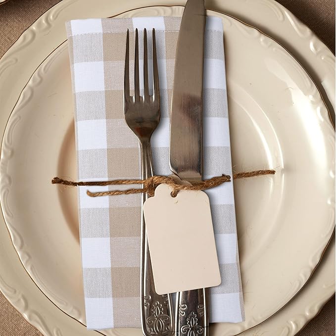 Urban Villa Cotton Dinner Napkins Set of 6, Highly Absorbent 20x20 Inches Premium Cloth Napkins Hotel Quality Reusable & Washable Table Dinner Napkins for Home & Weddings - Taupe/White, Checks